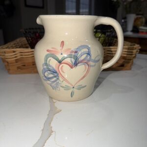 Ellis Prod Pottery Marshall Texas Beige 7.5in Water Pitcher Hearts Signed USA